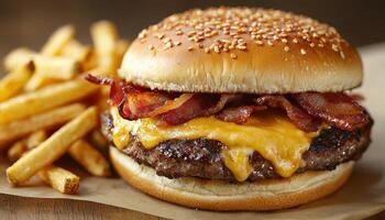 Juicy Bacon Cheeseburger with Fries Fast Food Restaurant Food Photography Background Copyspace photo