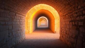 Golden Sunset through Historic Stone Arches Beautiful Background with Copyspace Tranquil Environment photo