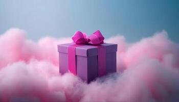 Purple Gift Box Surrounded by Fluffy Clouds Studio Setting Product Photography Background with Copyspace photo