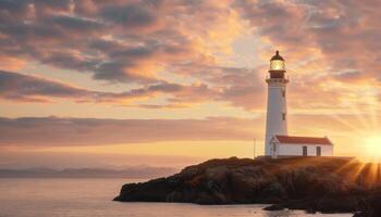 Stunning Lighthouse at Sunset Coastal Landscape Seascape Background with Copyspace photo