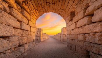 Stunning Sunset Behind Stone Arches Historical Site Landscape Photography Serene Background Copyspace photo