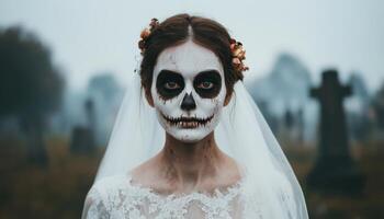Creepy Zombie Bride in Tattered Attire Graveyard Background Portrait Haunting Copyspace photo