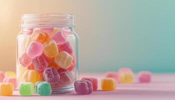 Joyful Gummy Jellies Spilling from Jar Soft Background With Copyspace for Fun Ideas photo