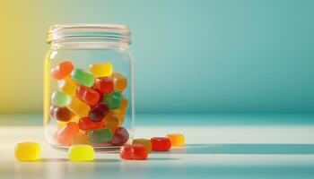 Colorful Gummy Jellies Spilling from Jar Bright Background Copyspace Playful Scene photo