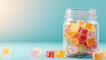 Colorful Gummy Jellies Spilling from Glass Jar Bright Background Copyspace Available photo