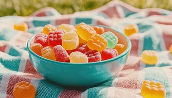 Playful Outdoor Picnic with Gummy Jellies Park Food Photography Relaxing Background Copyspace photo