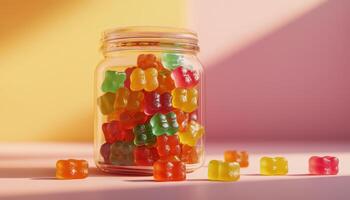 Colorful Gummy Jellies Spilling from Jar Playful Background with Copyspace Bright Environment photo