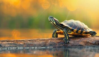 Turtle Resting on Log in Calm Waters Nature Scene Warm Background Copyspace photo