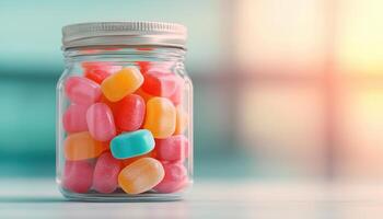 Playful Gummy Jellies Spilling from a Jar Bright Background Copyspace for Fun Content photo