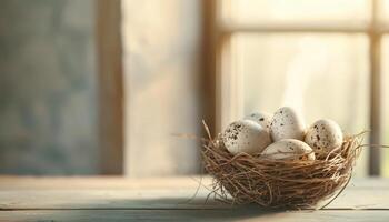 Still Life of Quail Eggs in a Straw Nest Soft Natural Light Background Copyspace for Text photo