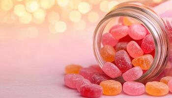Gummy Jellies Spilling from Jar Soft Background Copyspace Playful Food Scene photo