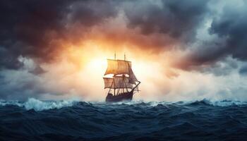 Dramatic Battle of a Pinisi Ship at Full Sail Stormy Seas Background Copyspace Maritime Adventure photo