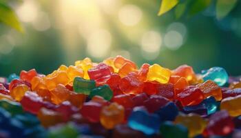 Colorful Gummy Jellies in Nature Background with Copyspace for Creative Content photo