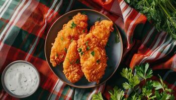 Golden Fried Chicken Strips Kitchen Table Food Photography Rustic Background Copyspace for Recipes photo