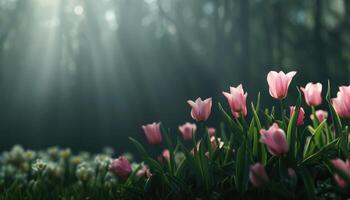 Delicate Tulips Swaying in Gentle Breeze Enchanting Forest Background Floral Scene Dreamy Copyspace photo