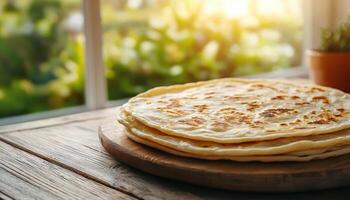 Freshly Baked Roti on Rustic Wooden Table with Background and Copyspace Nature Setting photo