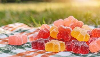 Colorful Gummy Jelly Shapes on Picnic Blanket Outdoor Setting Nature Background Copyspace photo
