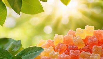 Gummy Jelly Treats in Nature Background Colorful Copyspace Sweet Delight Bright Environment photo