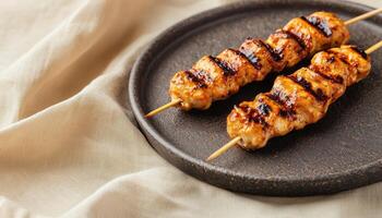 Grilled Chicken Skewers on a Plate Minimalistic Setup Soft Background Copyspace photo