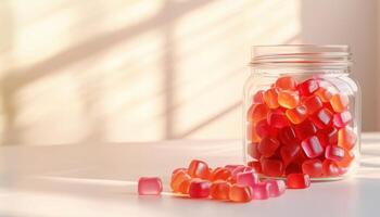 Playful Gummy Jellies Spilling from Jar Bright Background Food Scene Copyspace Warm Environment photo