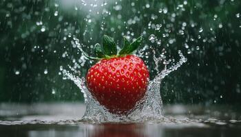 Ripe Red Strawberry Splashing in Rain Droplets Nature Background Copyspace for Freshness Concept photo