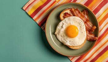 Vibrant Breakfast Scene with Fried Egg and Bacon on Plate Kitchen Background Copyspace photo