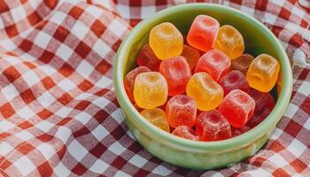 Playful Outdoor Picnic Setup with Gummy Jellies Nature Background Copyspace photo