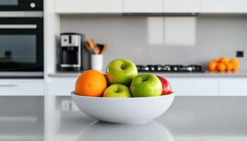 Fresh Fruits in Bright White Bowl on Modern Kitchen Counter Background Copyspace Design photo