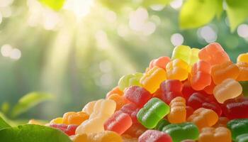 Vibrant Gummy Jellies in a Natural Background Colorful Candy Copyspace Outdoor Setting photo