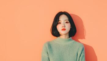 Contemplative Asian Woman Against Blank Wall Urban Setting Portrait Photography Background Copyspace photo