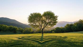 Tranquil Heart-Shaped Tree in Lush Garden Nature Background with Copyspace Serene Viewpoint photo