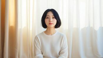Serene Asian Woman Sitting Crosslegged on Wooden Floor Soft Background with Copyspace photo