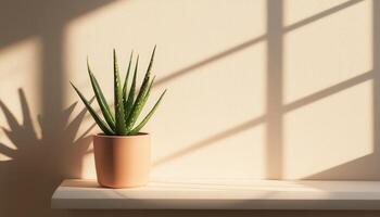 Sunlit Aloe Vera Plant on Shelf Indoor Natural Decor Soft Background with Copyspace photo