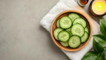 Relaxing Spa Cucumber Decoration Tranquil Setting Aesthetic Background Copyspace photo