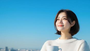 Woman Enjoying Coffee at Outdoor Cafe Bright Blue Sky Background Copyspace for Relaxation Concept photo