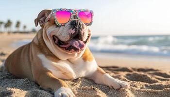 Excited Bulldog Enjoying Sunshine at the Beach Vibrant Background Copyspace photo