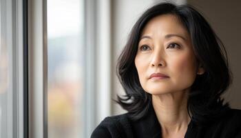 Thoughtful Asian Woman Gazing Out of Window Soft Background Copyspace Indoor Reflection photo