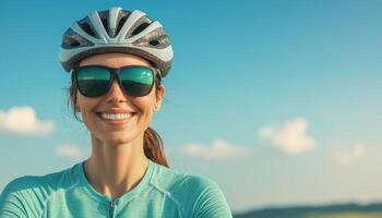Energetic Woman Biking Along Scenic Route Copyspace Background Nature Environment Vibrant Viewpoint photo