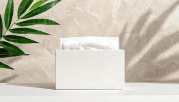 Elegant Soft White Tissue Box on a White Table with Background Copyspace for Home Decor photo