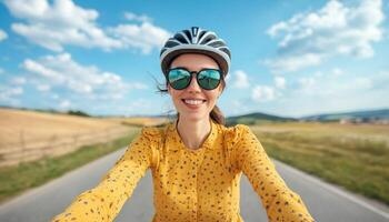 Energetic Woman Biking Along a Scenic Route Nature Background Copyspace for Inspiration photo