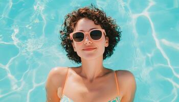 Happy Woman Enjoying the Poolside Summer Vibes Relaxing Atmosphere Background with Copyspace photo