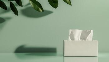 Stylishly Positioned Soft White Tissue Box on Glass Table with Background and Copyspace photo