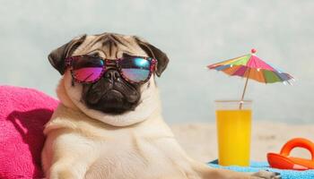 Pug Relaxing on Beach Towel Tropical Beach Pet Photography Sunny Environment Fun Background Copyspace photo