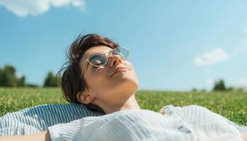 Relaxing Shorthaired Woman Lying on a Picnic Blanket in a Park Nature Background Copyspace photo