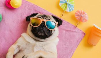 Pug Relaxing on Beach Towel with Sunglasses Vibrant Background Copyspace for Fun Summer Vibes photo
