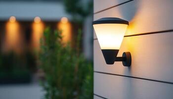 Modern Outdoor Lamp Fixture Closeup Garden Setting Sleek Design Soft Background Copyspace photo
