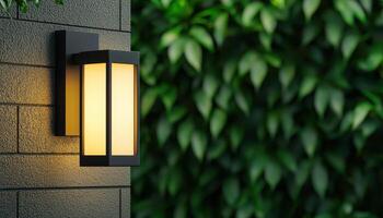 Sleek Modern Wall-Mounted Outdoor Lamp with Background Copyspace in Lush Green Environment photo