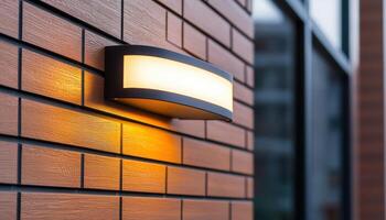 Sleek Outdoor Lamp Fixture with Warm Glow Urban Setting Closeup Photograph Modern Background Copyspace photo