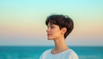 Candid Shot of a Shorthaired Woman Walking Along Beach Copyspace Background Serene Environment photo