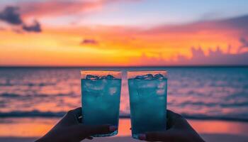Couple Enjoying Tropical Sunset with Drinks Beach Background Copyspace Romantic Viewpoint photo